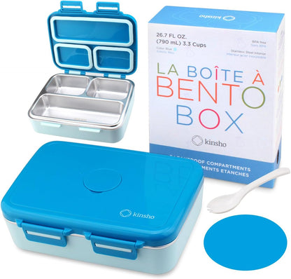 kinsho Stainless Steel Bento Box Lunch Container for Boys Kids, Blue