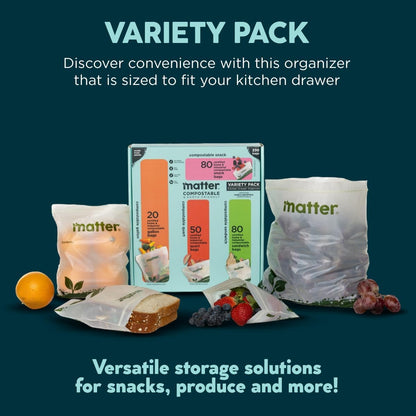 Matter Compostable Resealable Bags, Snack, Sandwich, Quart, Gallon 230 Ct