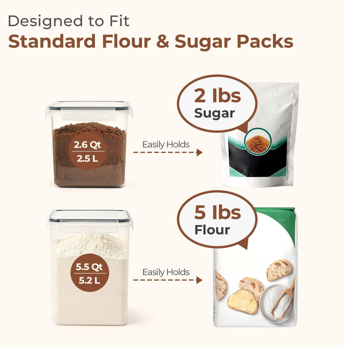 ComSaf Airtight Flour and Sugar Container 2.6Qt & 5.5Qt 3Pack, Wide Mouth