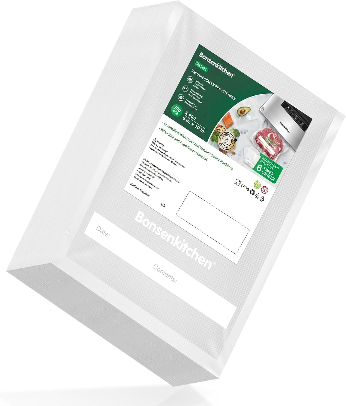 Bonsenkitchen Precut Vacuum Food Sealer Bags 100 Pint 6" x 10", BPA Free
