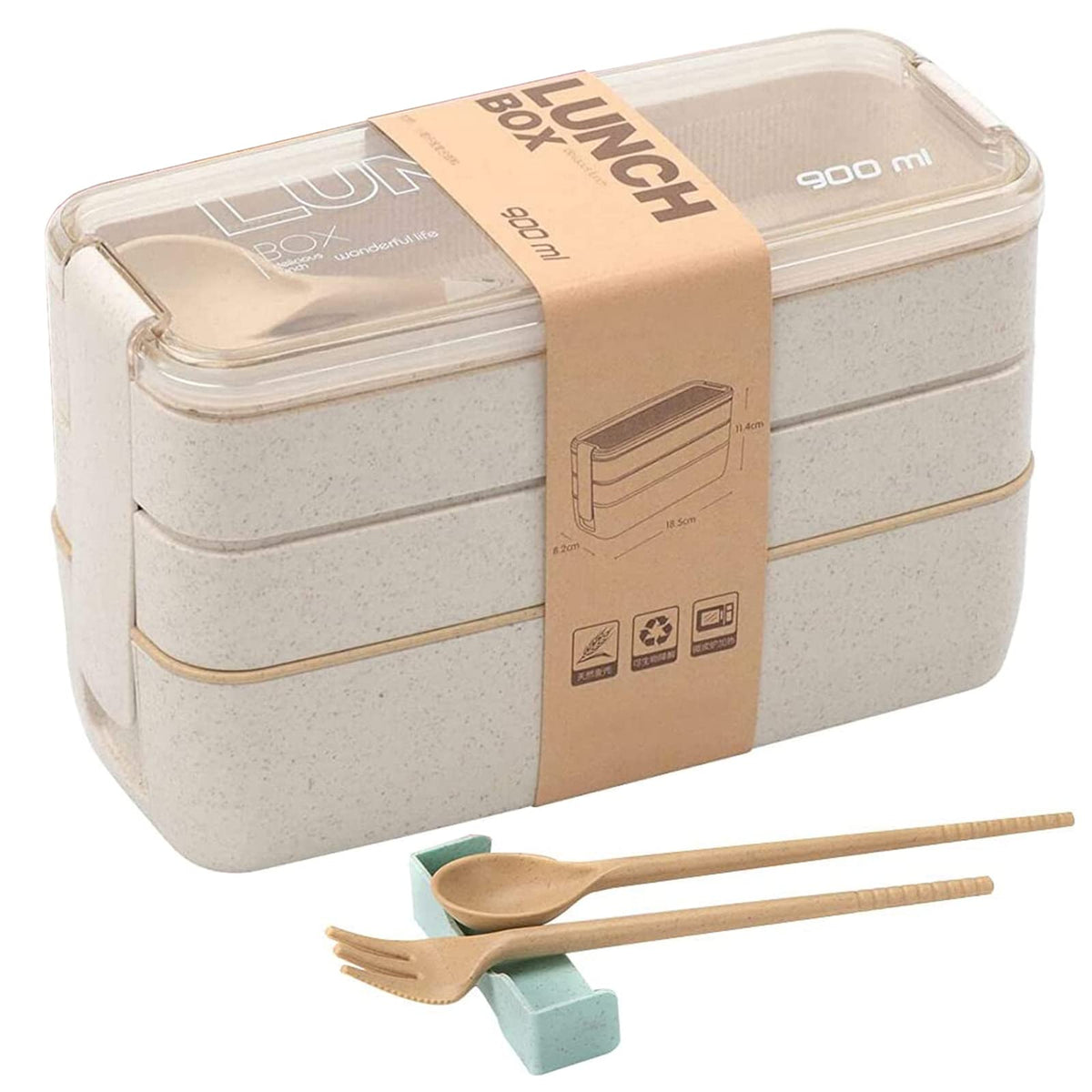 Rarapop 3 Pack Stackable Bento Box Adult Japanese Lunch Box Kit with Spoon & Fork, 3-In-1 Compartment Wheat Straw Meal Prep Containers (Green/Pink/Beige)