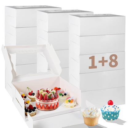 Bento Cake Box With Cupcakes, Clear Window 9 Holes Bento Combination,6 Sets: Cookie Boxes Fit 8 Regular Cupcake and Mini Cakes, Christmas Wedding Birthday Party (White/clear, 1+8/6pcs)