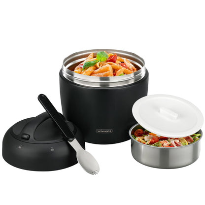 wiwens Thermo Food Jar for Hot Food 32OZ Soup Thermo Lunch Containers Wide Mouth Vacuum Insulated Stainless Steel Leakproof Bento Box with Spoon (Black)