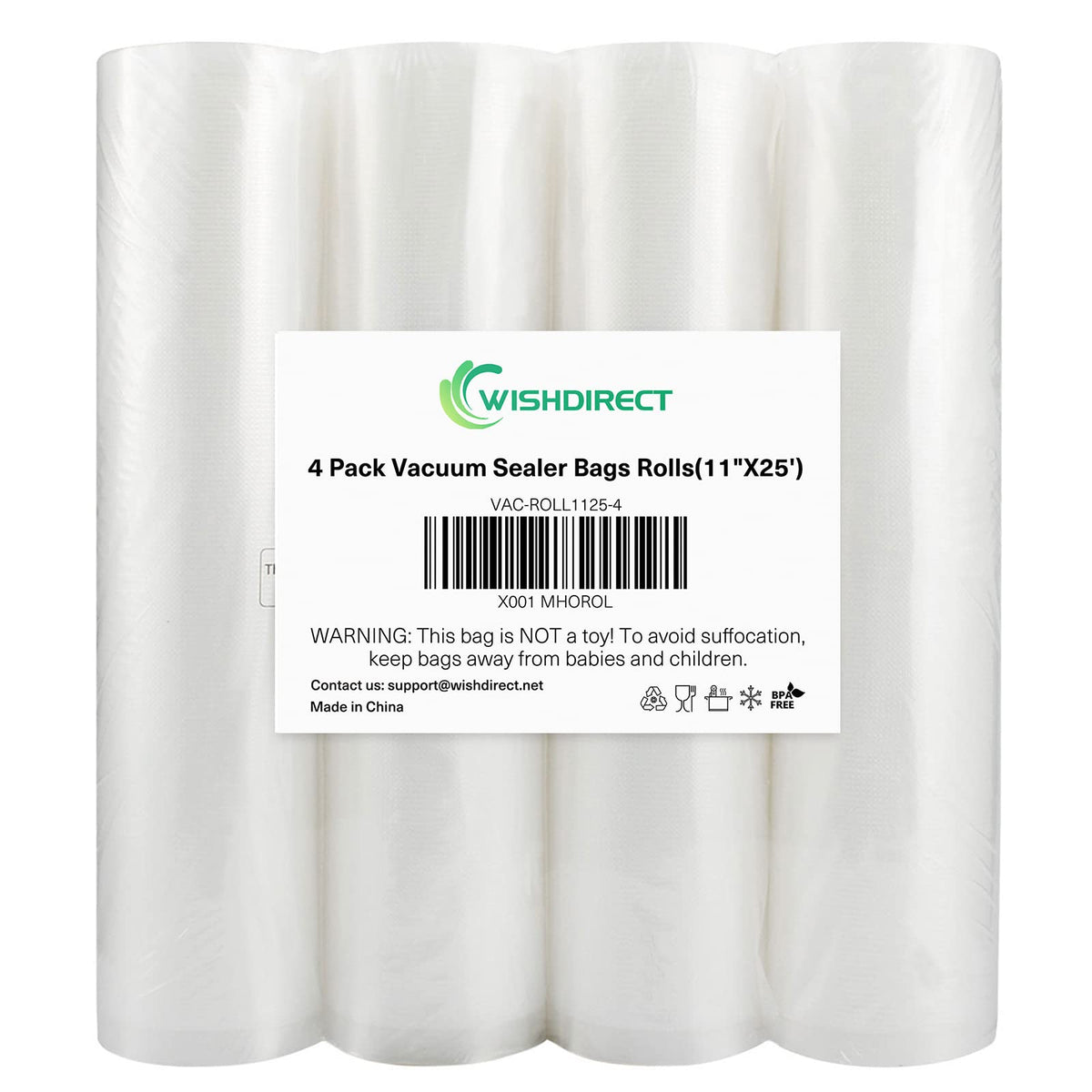 Vacuum Sealer Bags Rolls Compatible with FoodSaver 4-Pack 11" x 25' Vacuum Seal Rolls Fit Inside Machine Double-Side Embossed BPA-Free Bags for Sous Vide or Food Storage (Total 100 Feet)