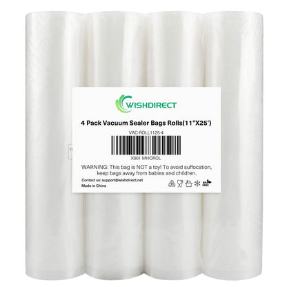 Vacuum Sealer Bags Rolls Compatible with FoodSaver 4-Pack 11" x 25' Vacuum Seal Rolls Fit Inside Machine Double-Side Embossed BPA-Free Bags for Sous Vide or Food Storage (Total 100 Feet)