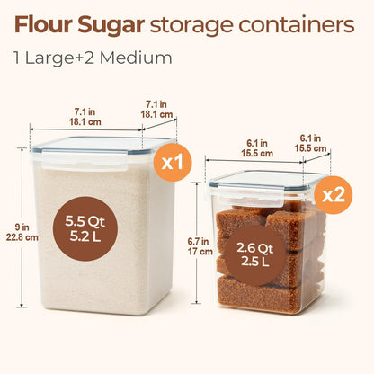 ComSaf Airtight Flour and Sugar Container 2.6Qt & 5.5Qt 3Pack, Wide Mouth