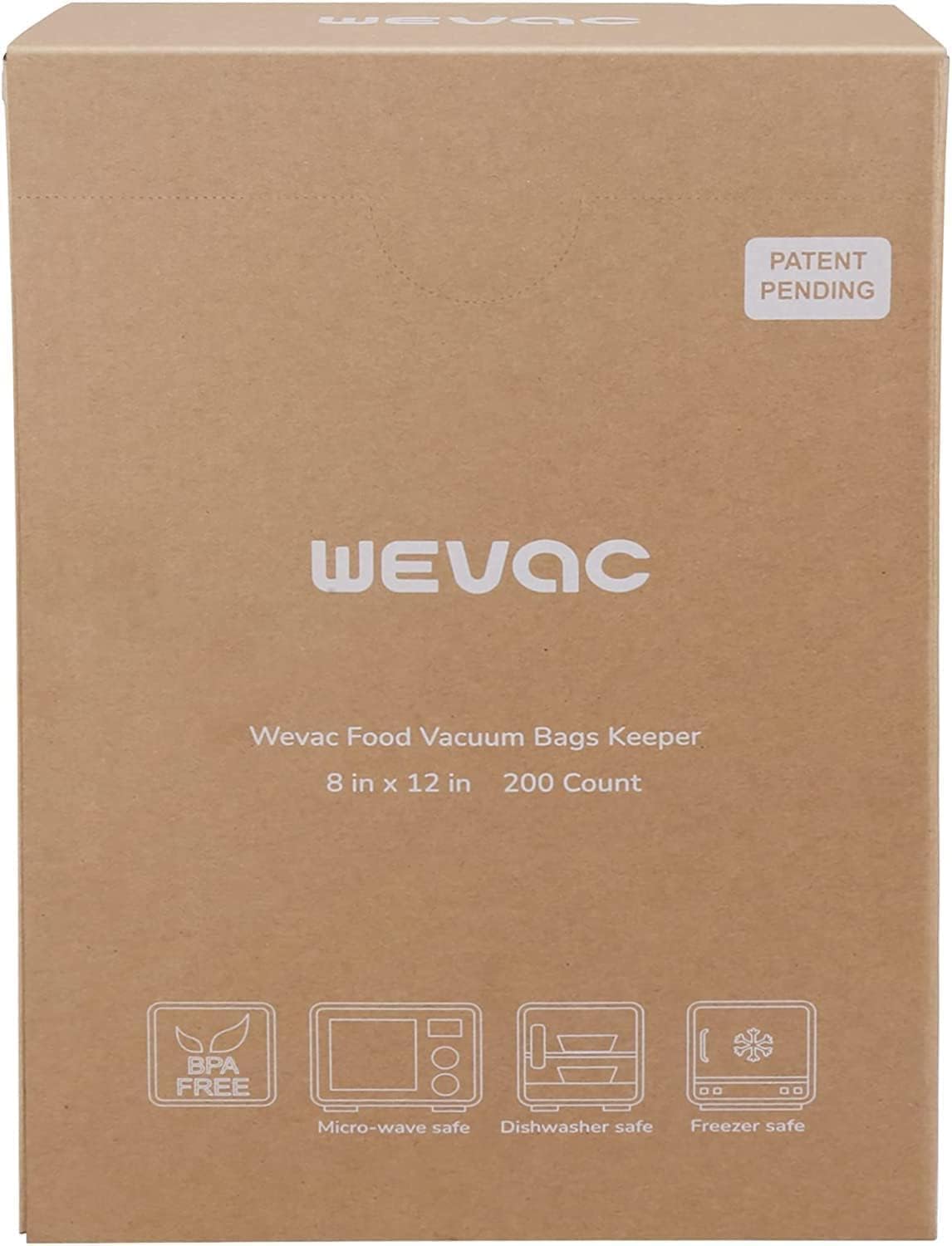 Wevac 8"x12" Vacuum Sealer Bags for Food, 200 Precut Quart Bags, Keeper Box