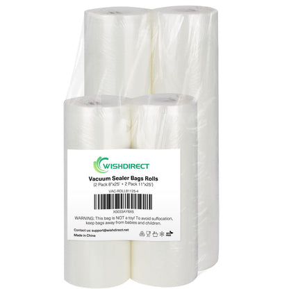 Vacuum Sealer Bags Rolls Compatible with FoodSaver 4-Pack 11" x 25' Vacuum Seal Rolls Fit Inside Machine Double-Side Embossed BPA-Free Bags for Sous Vide or Food Storage (Total 100 Feet)