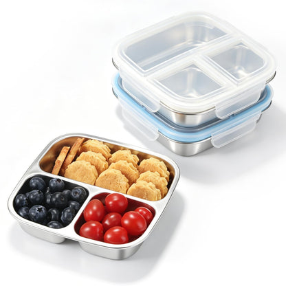 Stainless Steel Snack Containers, 3 Compartments Reusable on and go Bento Box with Lids for Kids, Lunch Box Pre Meal Storage for Daycare School Outdoor Camping Travel - Blue