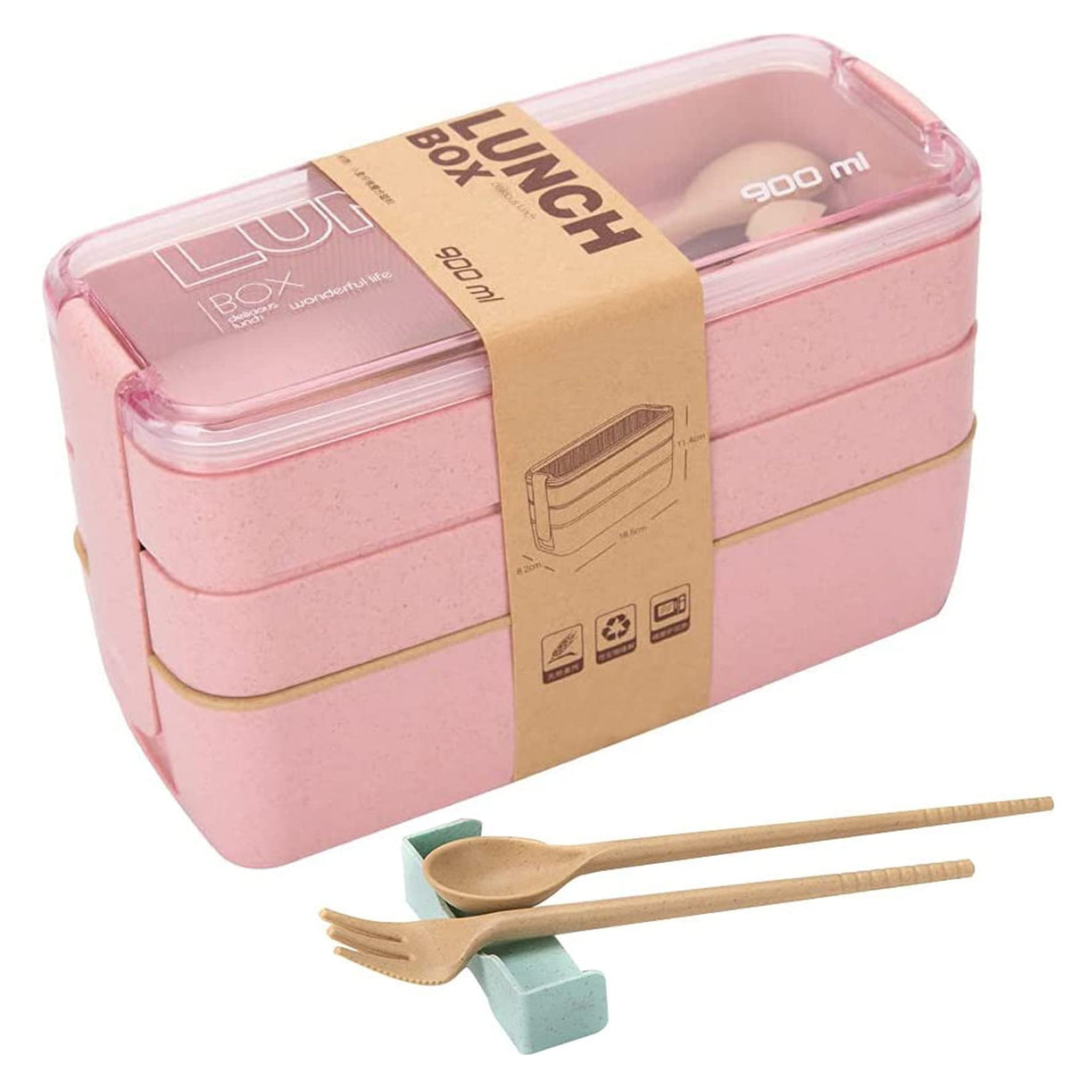 Rarapop 3 Pack Stackable Bento Box Adult Japanese Lunch Box Kit with Spoon & Fork, 3-In-1 Compartment Wheat Straw Meal Prep Containers (Green/Pink/Beige)