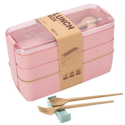 Rarapop 3 Pack Stackable Bento Box Adult Japanese Lunch Box Kit with Spoon & Fork, 3-In-1 Compartment Wheat Straw Meal Prep Containers (Green/Pink/Beige)