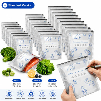 60 PCS 3 Size Reusable Preservation Bags, Airtight Vacuum Sealer Food Storage Bags, Leak Proof Freezer Safe, Stand Up Foil Sealable Pouches for Meal Prep, Pantry Organization, Travel Snacks