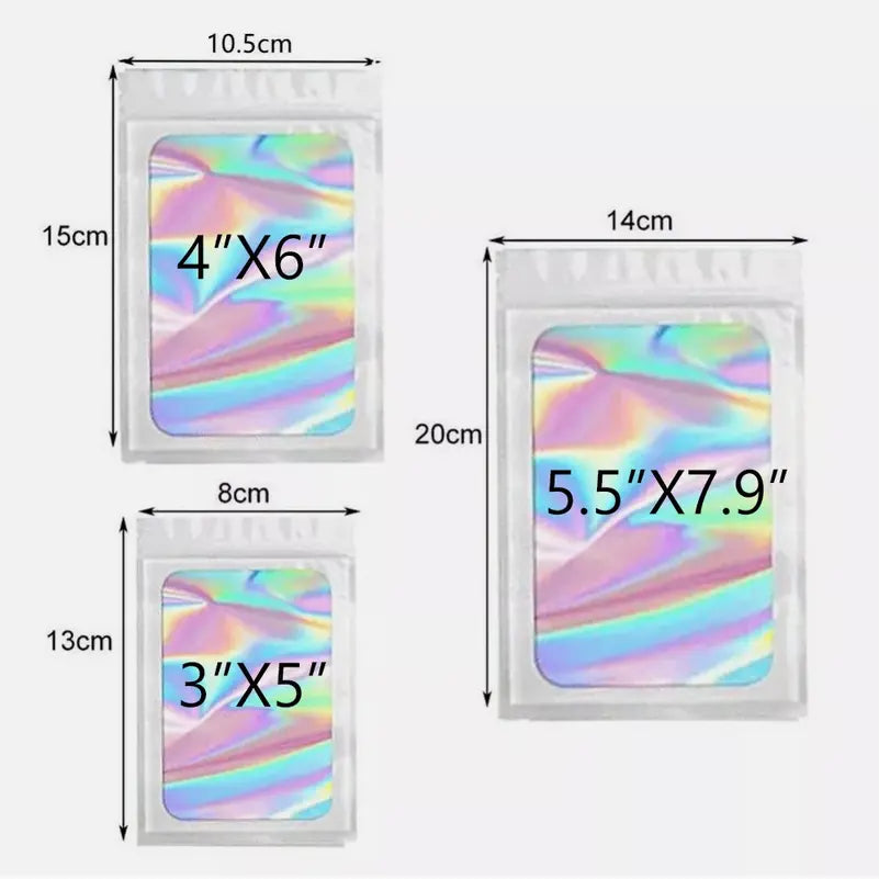 SJPACK 100-Pack Multipack Storage Bags, 8x13cm/10x15cm/14x20cm Smell-Proof Water-Proof Holographic Resealable Zip Foil Pouches, Reusable White/Black/Pink Aluminium Organiser Accessory (Reseal with Ease)
