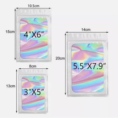 SJPACK 100-Pack Multipack Storage Bags, 8x13cm/10x15cm/14x20cm Smell-Proof Water-Proof Holographic Resealable Zip Foil Pouches, Reusable White/Black/Pink Aluminium Organiser Accessory (Reseal with Ease)