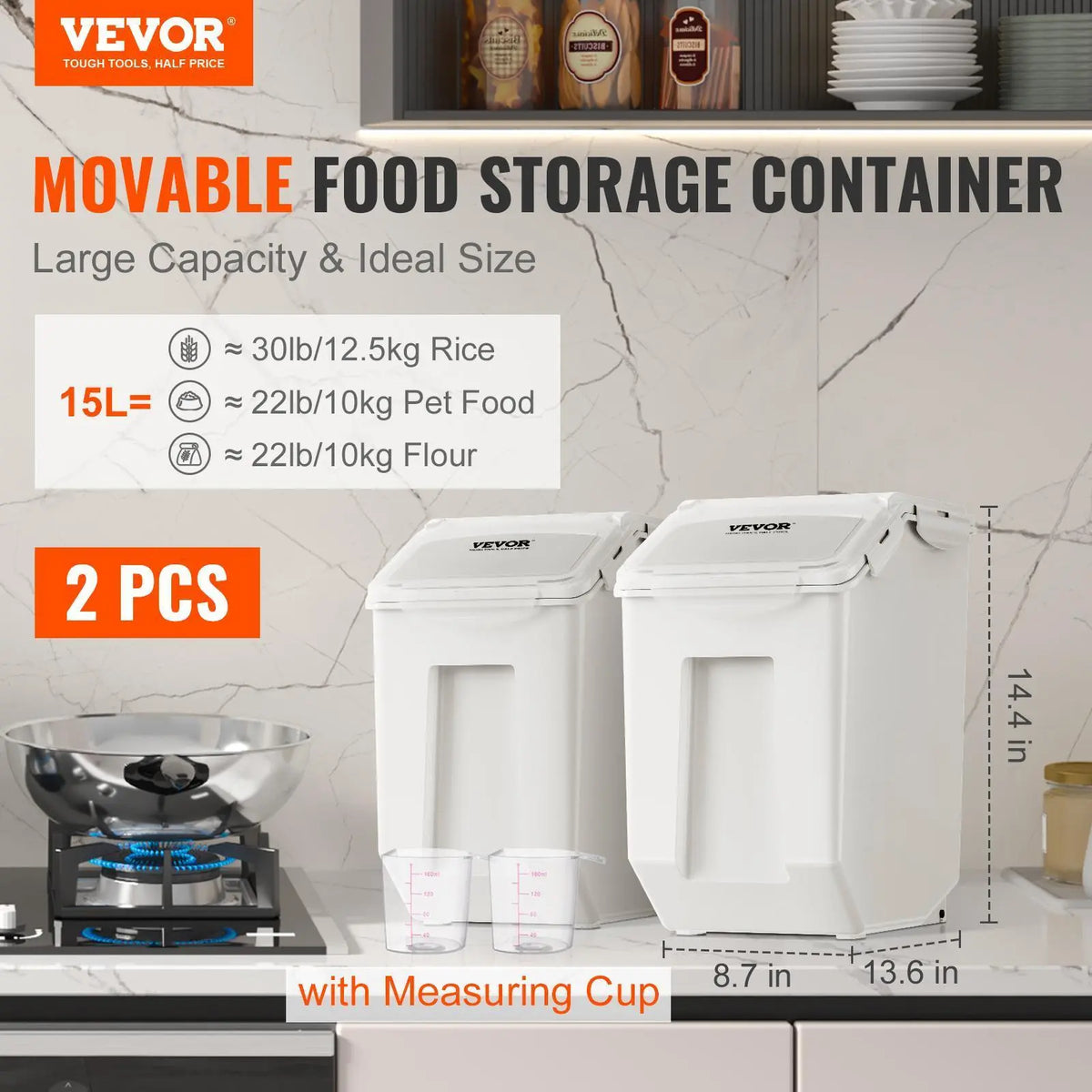 【Back to School】VEVOR Heavy Duty Stackable Plastic Food Storage Container, 15L-50L Dispenser Bin with Measuring Cups, Attachable Casters, Airtight Leakproof Lid, PP Material for Dog Pet Food, Kitchen Rice Cereal Flour, Heavy Duty Containers, Food Containe