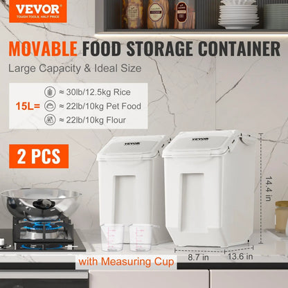 【Back to School】VEVOR Heavy Duty Stackable Plastic Food Storage Container, 15L-50L Dispenser Bin with Measuring Cups, Attachable Casters, Airtight Leakproof Lid, PP Material for Dog Pet Food, Kitchen Rice Cereal Flour, Heavy Duty Containers, Food Containe