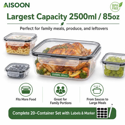 AISOON 40 PCS Extra Large 85oz Silicone Airtight Food Storage Containers Set (20 Containers + 20 Lids) - Square, Round, Rectangular, Nestable Shapes, Leakproof, Reusable, Microwave & Dishwasher Safe, Labels & Pen for Fridge Organization, Home Meal Prep