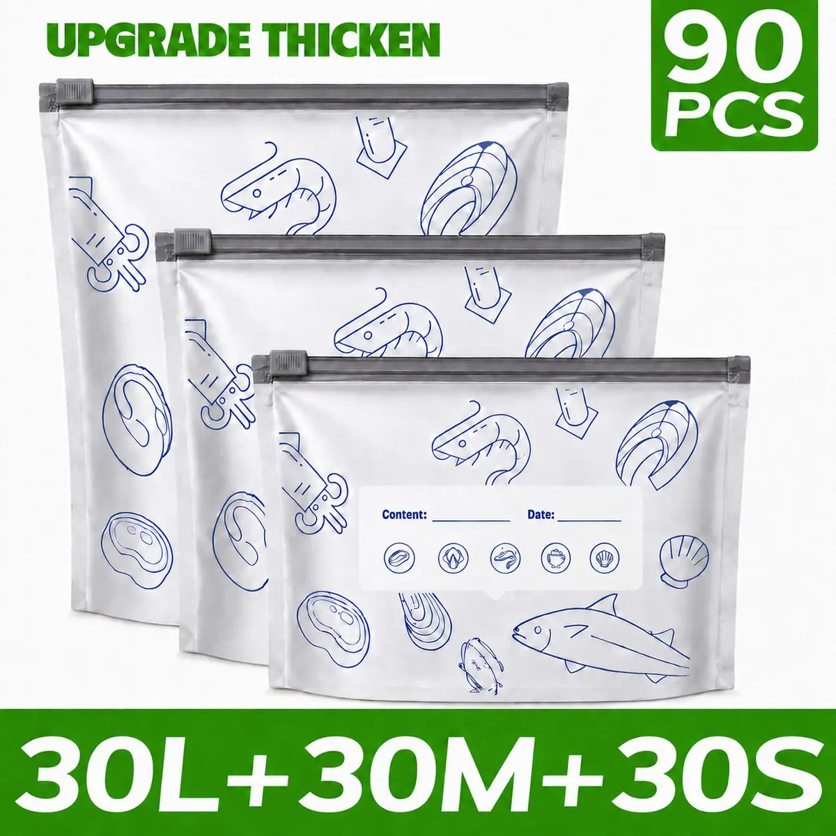90PCS 3 Size Reusable Aluminum Foil Sealable StorageBags 2026 New Resealable Vacuum Zipper Pouches forFood Stand Up Foil Sealable Bags with Label and Zip Lockfor Vegetable Fruit Meat