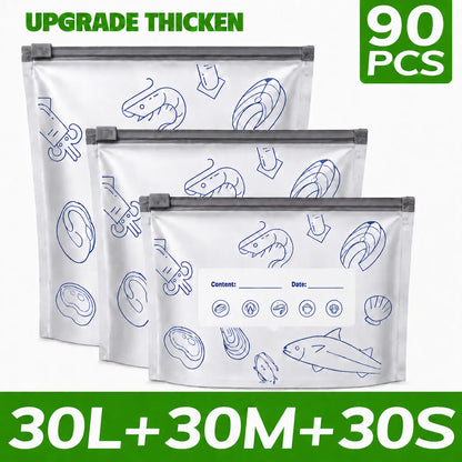 90PCS 3 Size Reusable Aluminum Foil Sealable StorageBags 2026 New Resealable Vacuum Zipper Pouches forFood Stand Up Foil Sealable Bags with Label and Zip Lockfor Vegetable Fruit Meat