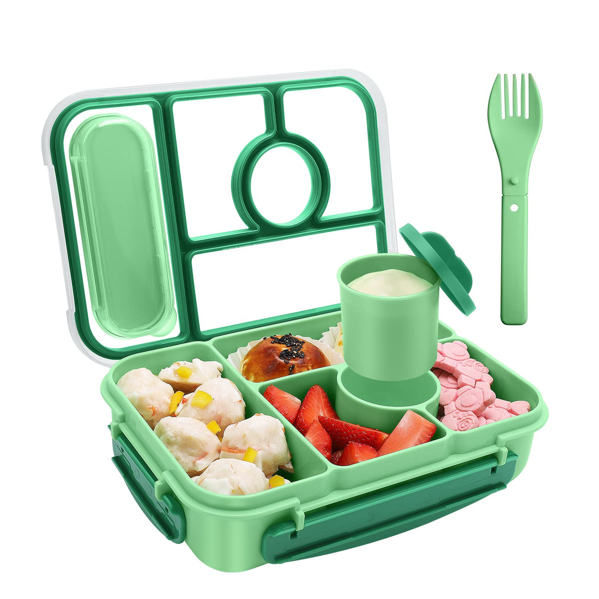 Amathley Bento Box Adult Lunch Box Kids,Lunch Containers for Adults/Kids/Toddler,5 Compartments Bento Lunch Box with Sauce Vontainers,Microwave & Dishwasher & Freezer Safe,BPA-Free (White)