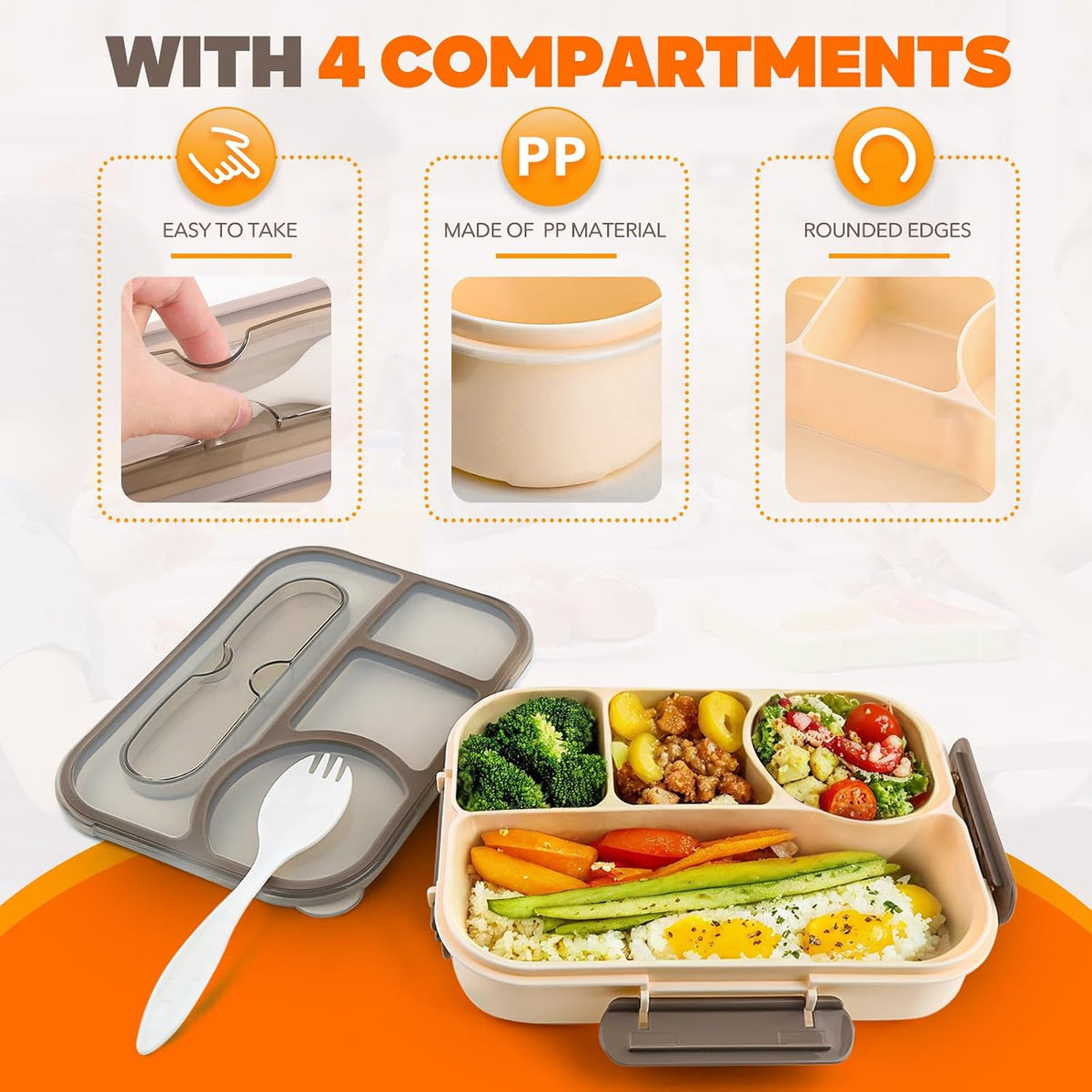 EASYFUN Bento Box Adult, Lunch Box, 4-Compartment Lunch Containers, Drop-Proof, Dishwasher Safe & Made with BPA-Free Materials(Khaki)
