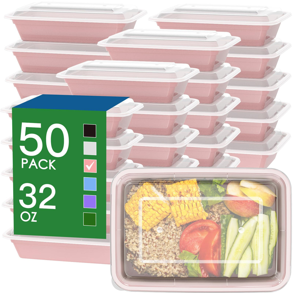 50 Pack (100-Piece) 32 oz Meal Prep Containers with Easy Open Lids, Black