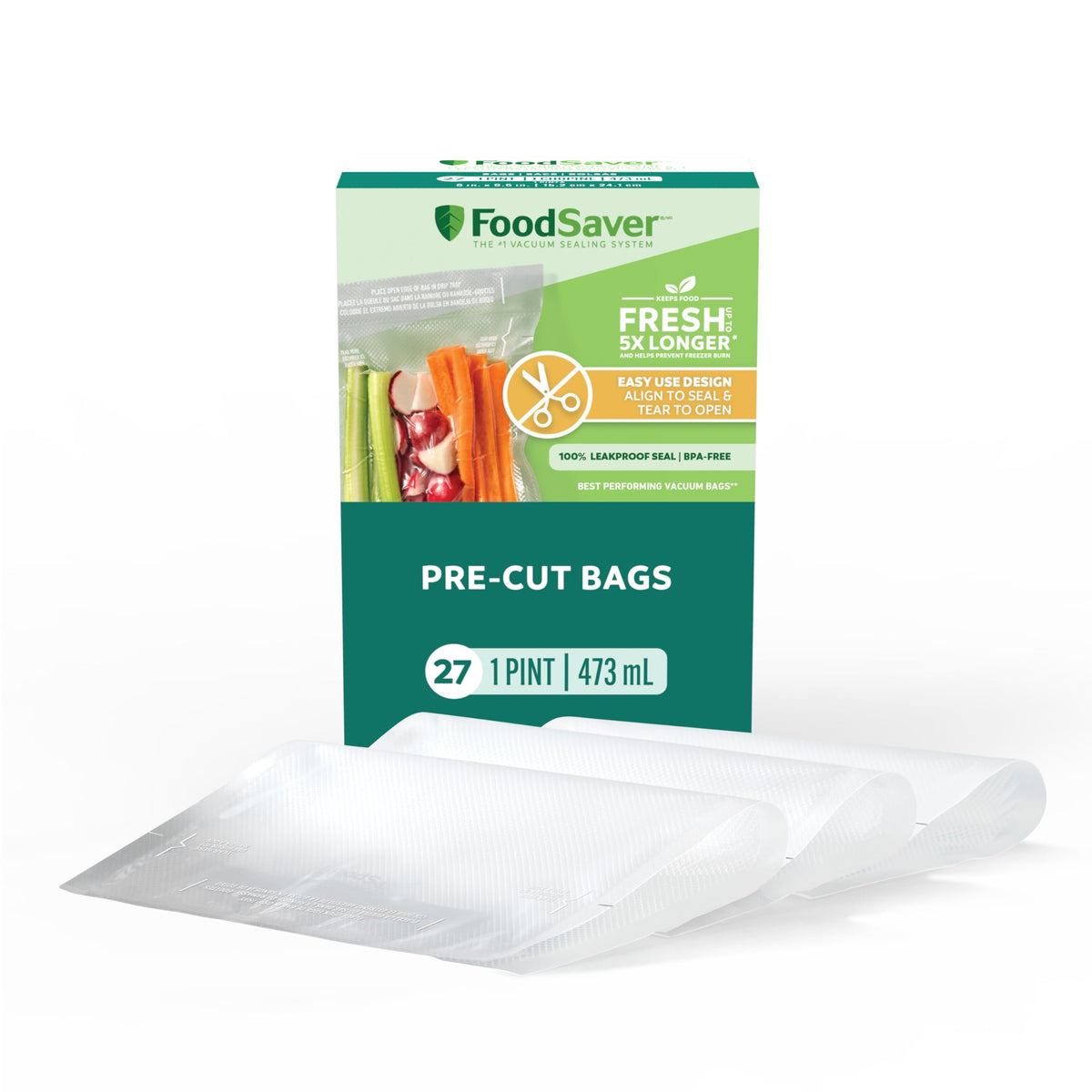 FoodSaver Quart Pre-Cut Vacuum Seal Bags, Easy Use Vacuum Storage Bags, Align to Seal and Tear to Open Vacuum Sealer Storage Bags, 43 Pack