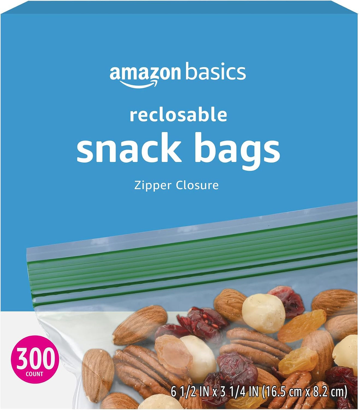 Amazon Basics Reclosable Food Storage Snack Bags, 300 Count