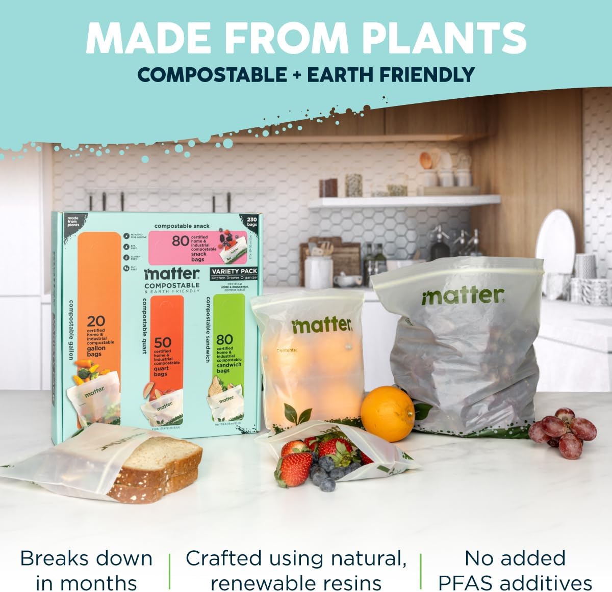 Matter Compostable Resealable Bags, Snack, Sandwich, Quart, Gallon 230 Ct