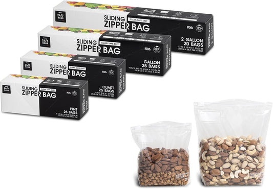 Variety Slider Storage Bags, 4 Sizes- 145 Count, Expandable Bottom, Microwave-Safe, Zero BPA
