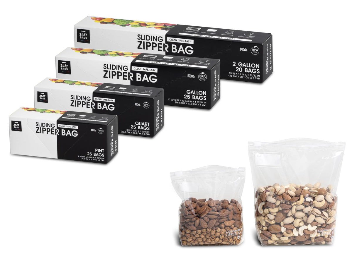 Variety Slider Storage Bags, 4 Sizes- 145 Count, Expandable Bottom, Microwave-Safe, Zero BPA