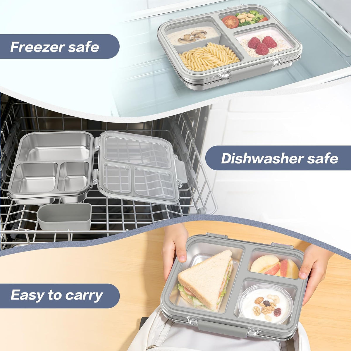 Stainless Steel Bento Box for Kids, 3-Compartment Metal Lunch Box with Clear Lid & Removable Silicone, Lunch Box Kids with Silicone Inner Container for Meal Prep, School, Office (Grey)