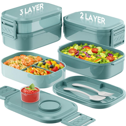 BiuLeon Bento Box Adult Lunch Box, 65 Oz Capacity Lunch Containers(Adjustable 2/3 Tier), BPA-Free, Leak-Proof and Stackable Bento Lunch Box, Microwave & Dishwasher Safe with Utensils(Gray)
