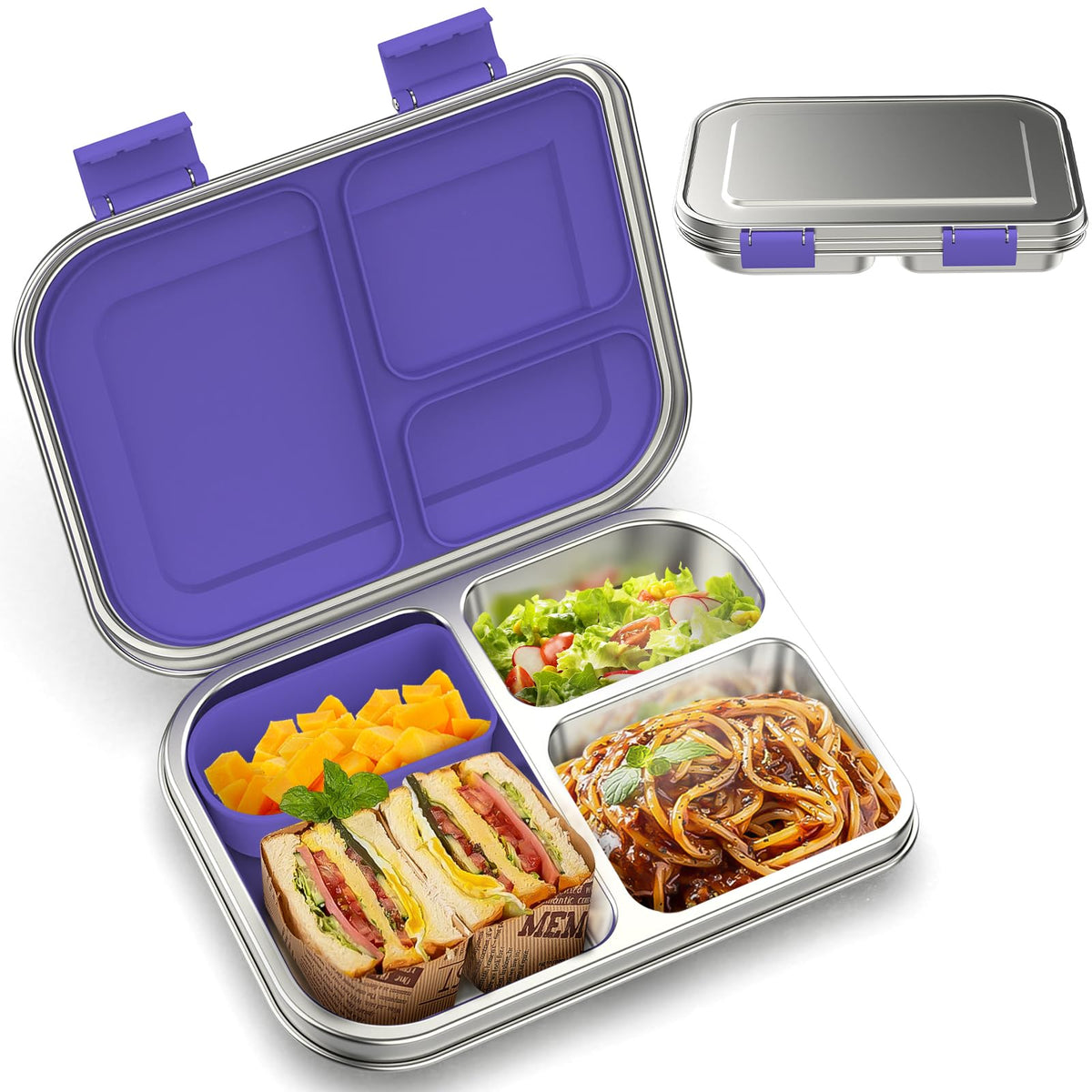 BOSEDSANG Stainless Steel Kids Leak-Resistant Bento Lunch Box, 3-Compartments with Silicone Container, Dishwasher-Safe, Child-Friendly Design for School, Picnics & Travel,BPA-Free(Pink)