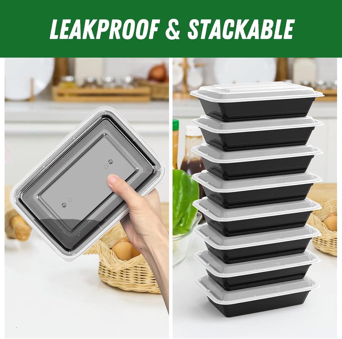 50 Pack (100-Piece) 32 oz Meal Prep Containers with Easy Open Lids, Black