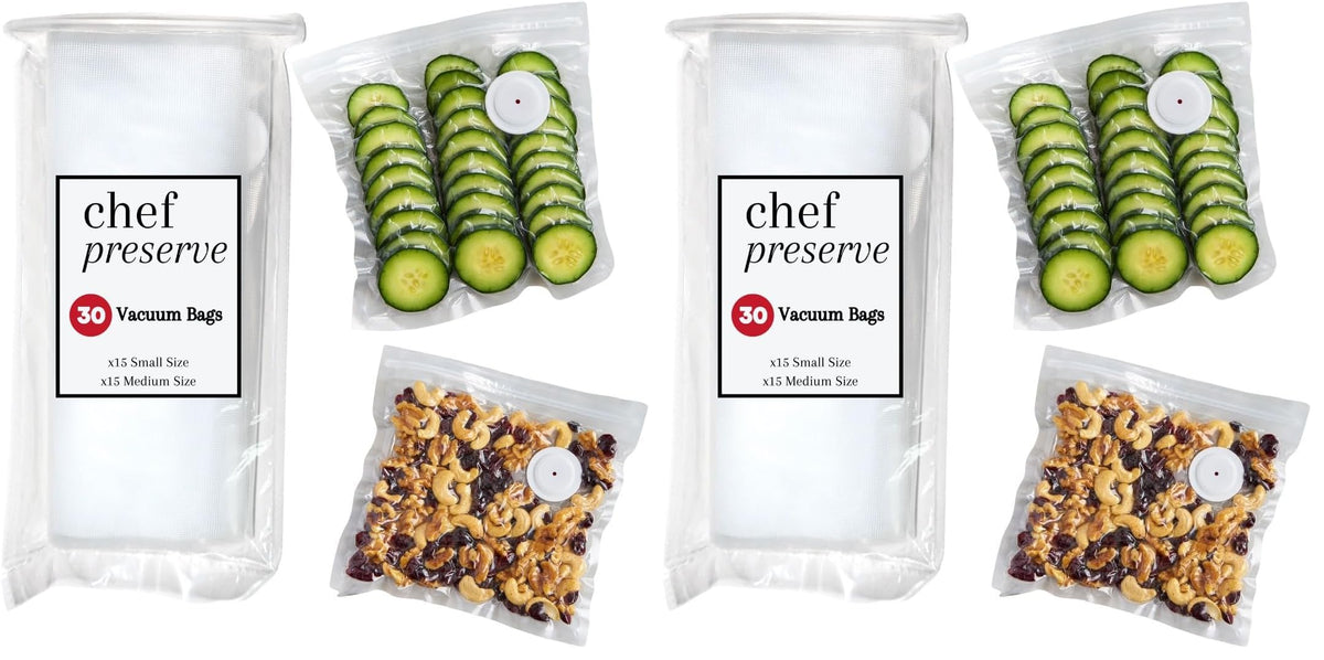 Chef Preserve Reusable Vacuum Sealer Bags for Food – 30 BPA-Free Food Storage Bags, Freezer, Microwave – Odor-Resistant, Leak-Proof – Compatible with Chef Preserve Vacuum Sealers