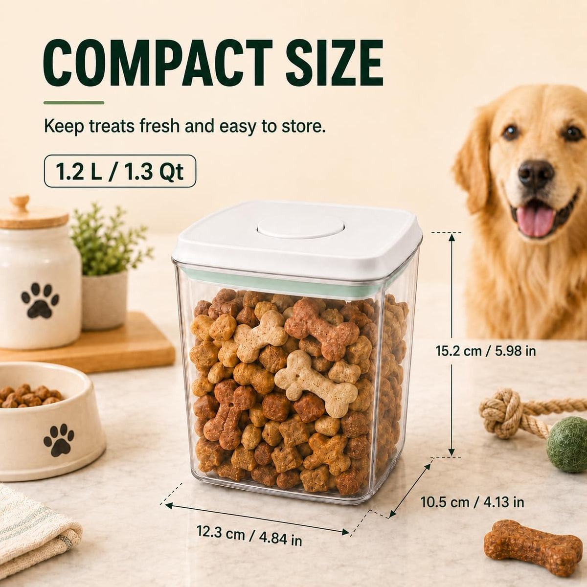 Pet Dog-Cat POP-Treat Airtight jar-Container - 1.3 Qt/1.2 L | Stackable One-Touch Opening | Airtight Dog and Cat Food Storage Container | BPA-Free