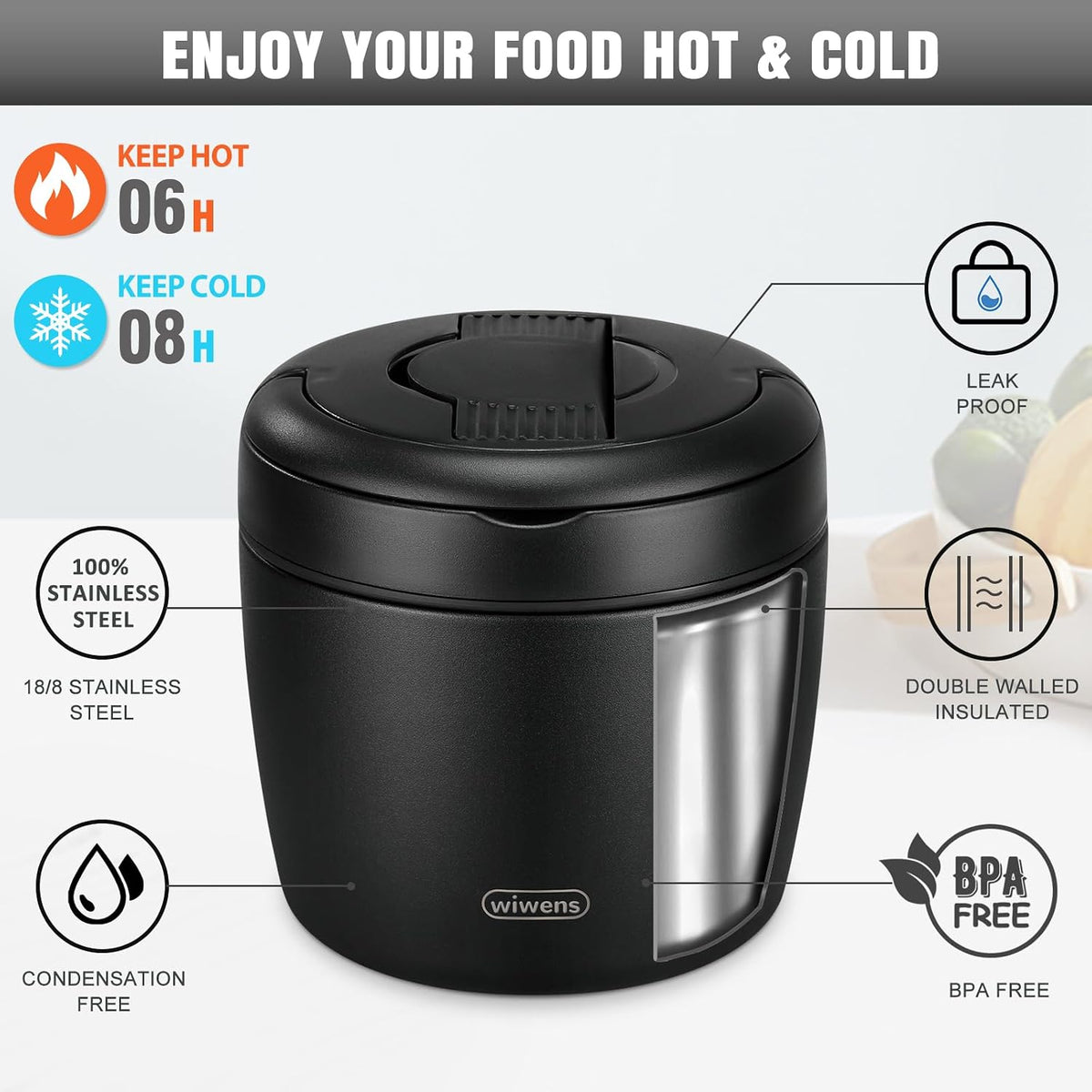 wiwens Thermo Food Jar for Hot Food 32OZ Soup Thermo Lunch Containers Wide Mouth Vacuum Insulated Stainless Steel Leakproof Bento Box with Spoon (Black)