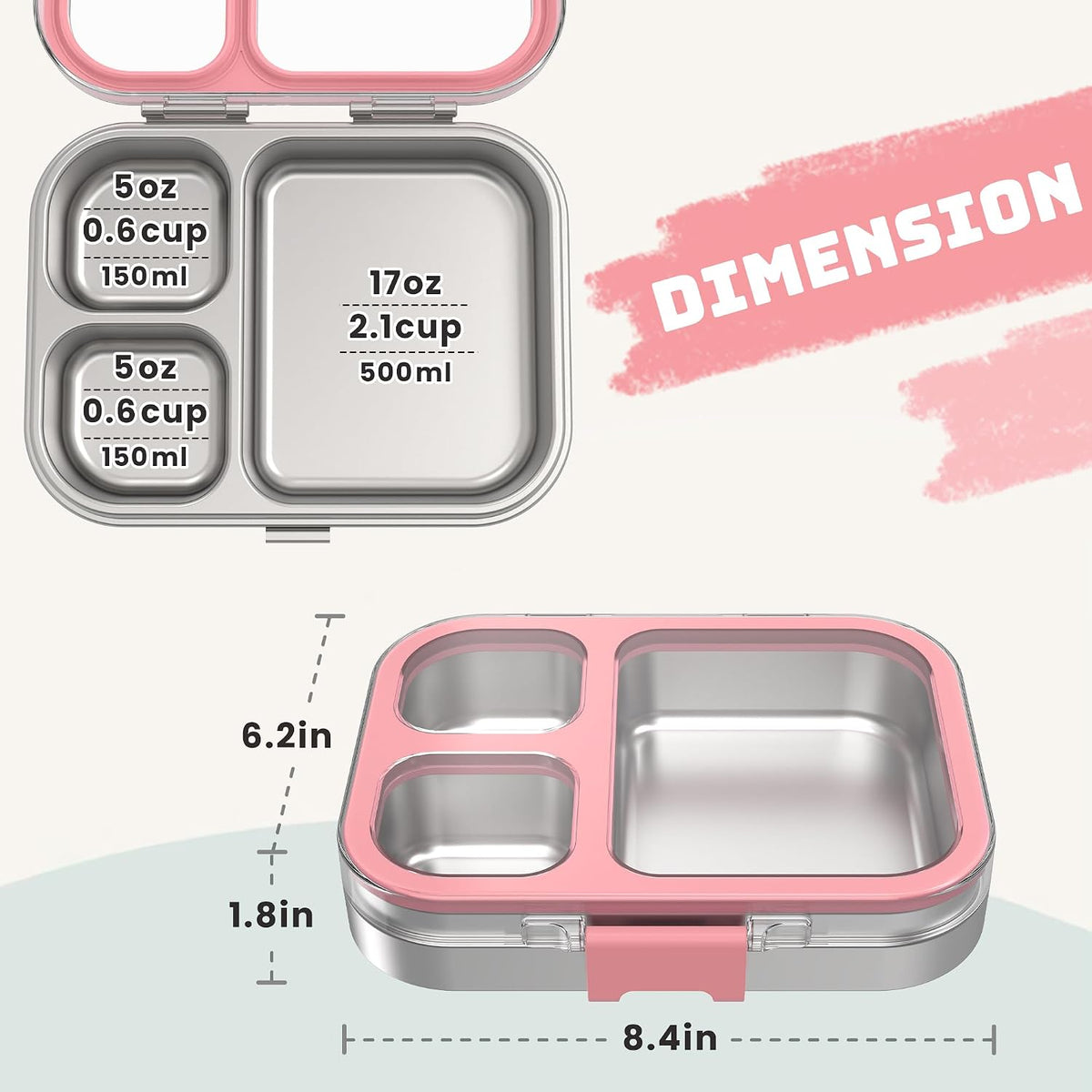 LOHASOK Stainless Steel Bento Lunch Box, 800ml, Pink