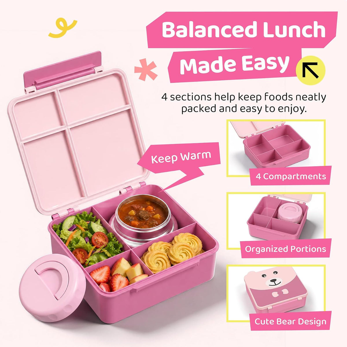 Kids Bento Lunch Box Leak-Proof 4-Compartment 8oz Soup Thermo（Pink）