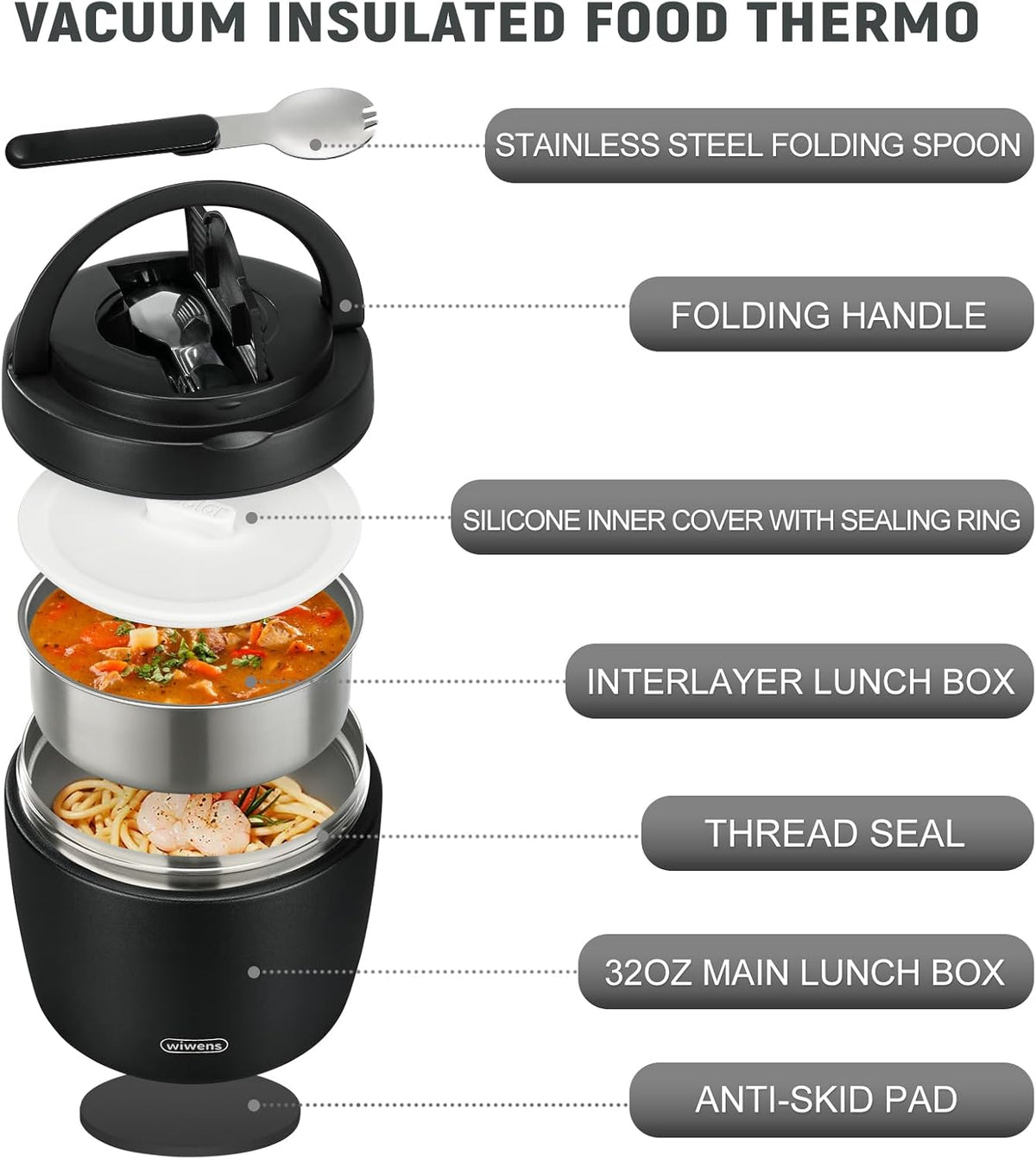 wiwens Thermo Food Jar for Hot Food 32OZ Soup Thermo Lunch Containers Wide Mouth Vacuum Insulated Stainless Steel Leakproof Bento Box with Spoon (Black)