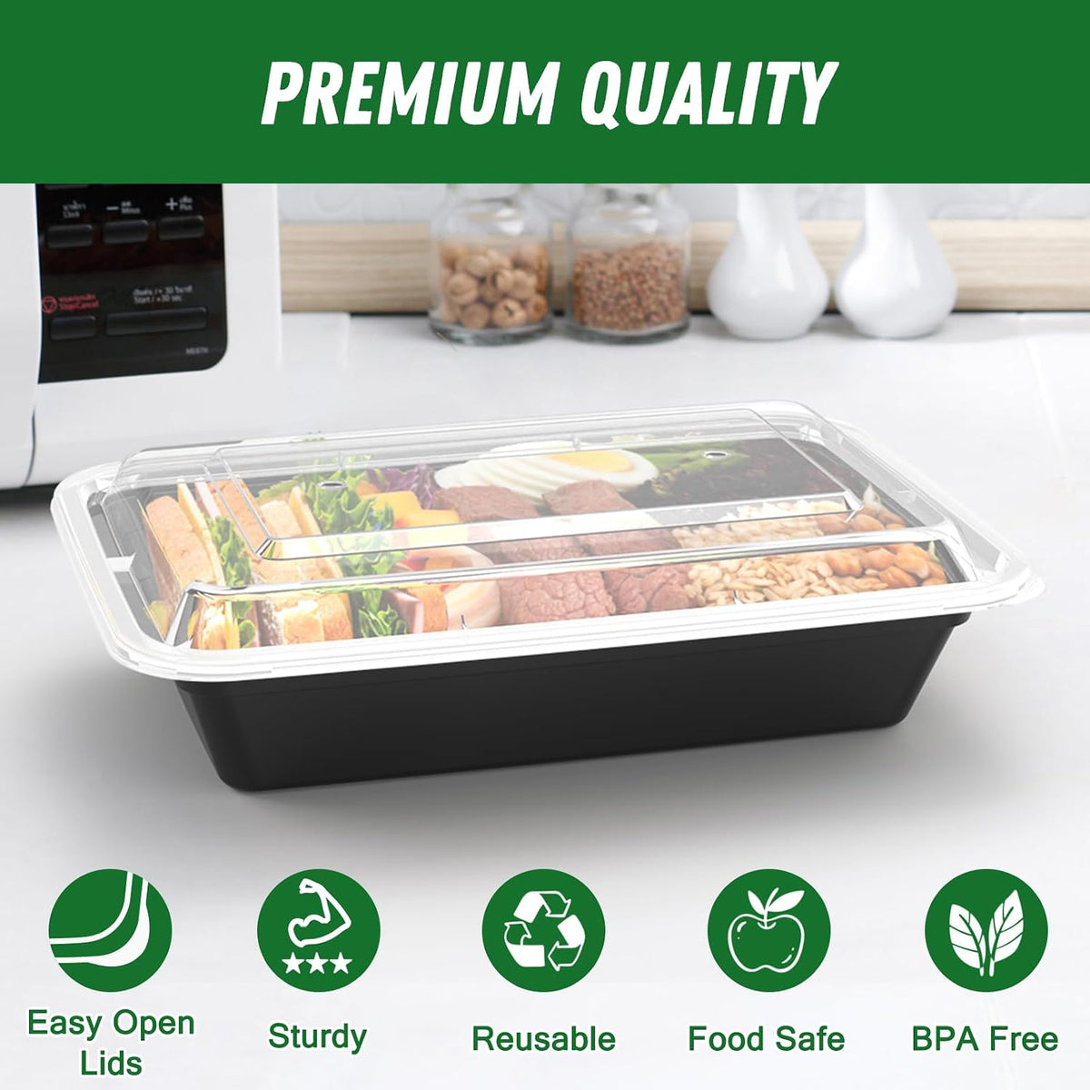 50 Pack (100-Piece) 32 oz Meal Prep Containers with Easy Open Lids, Black