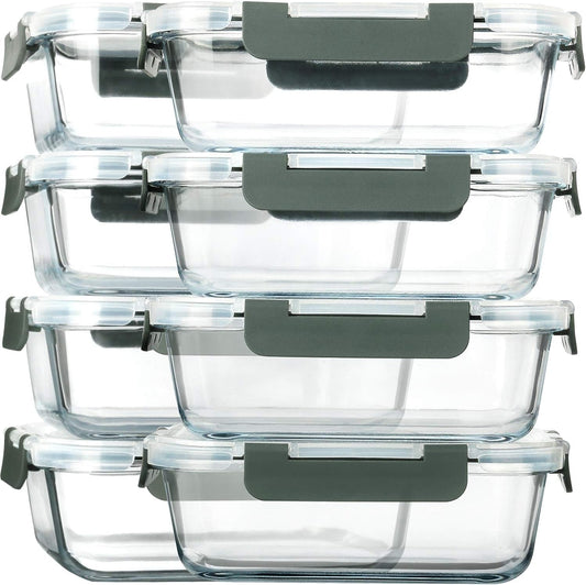 M MCIRCO 8 Pack,30 oz Glass Food Storage Containers with Lids, Gray