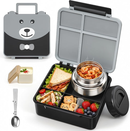 Bento Lunch Box for Kids with 9oz Soup Thermo,Kids 4 Compartments Bento Box with Folding Spoon & Sauce Cup,Lunch Box Kids for School,Travel, BPA-Free(Black)
