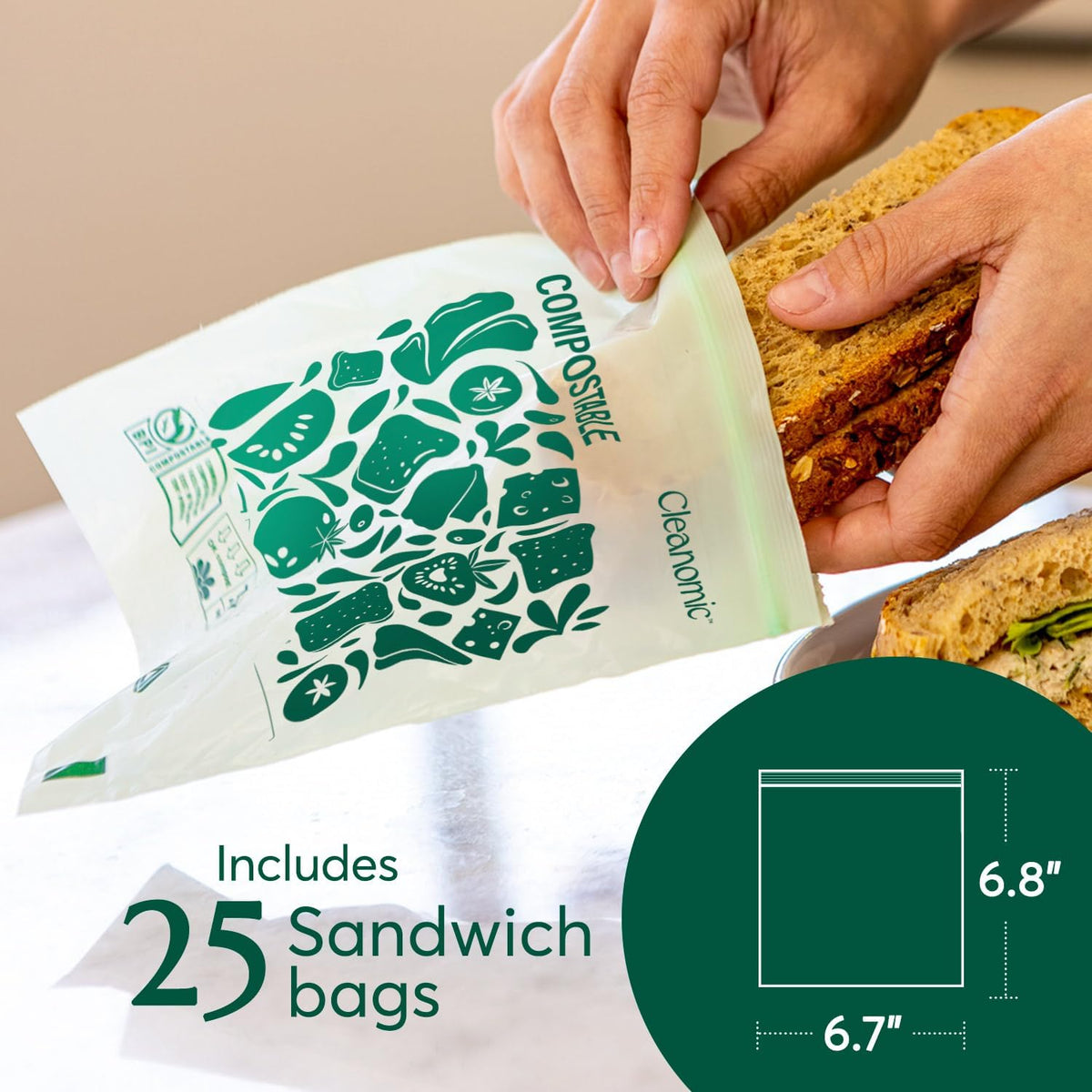 Cleanomic Compostable Zip Sandwich Bags - Leak Resistant, Gallon, Quart, Sandwich, Snack - 125 Count