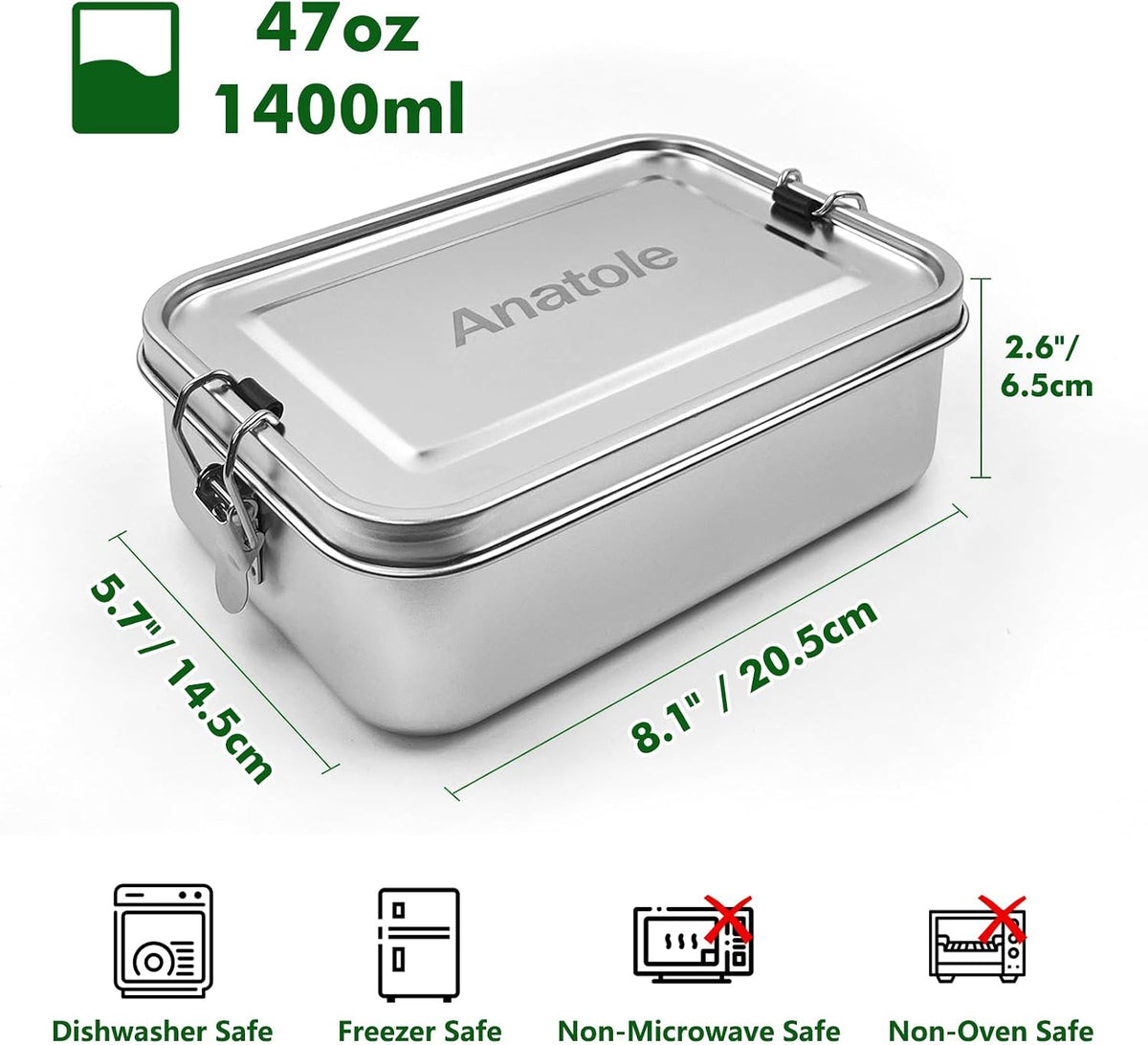 Anatole 304 Stainless Steel Bento Box 47oz Leak-Proof Lunch Box 1 Divider