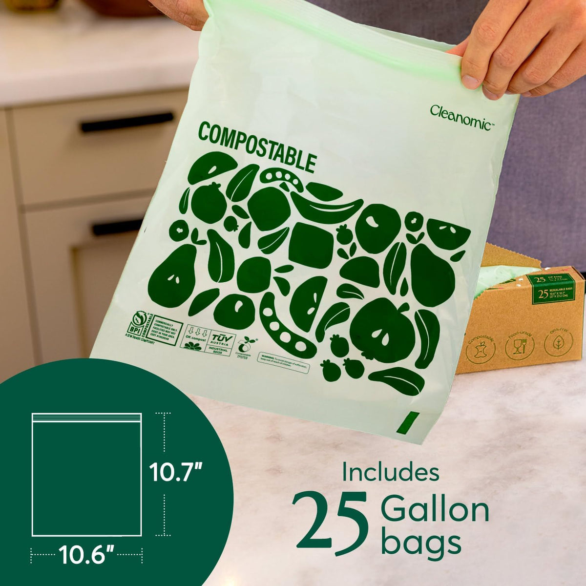 Cleanomic Compostable Zip Sandwich Bags - Leak Resistant, Gallon, Quart, Sandwich, Snack - 125 Count