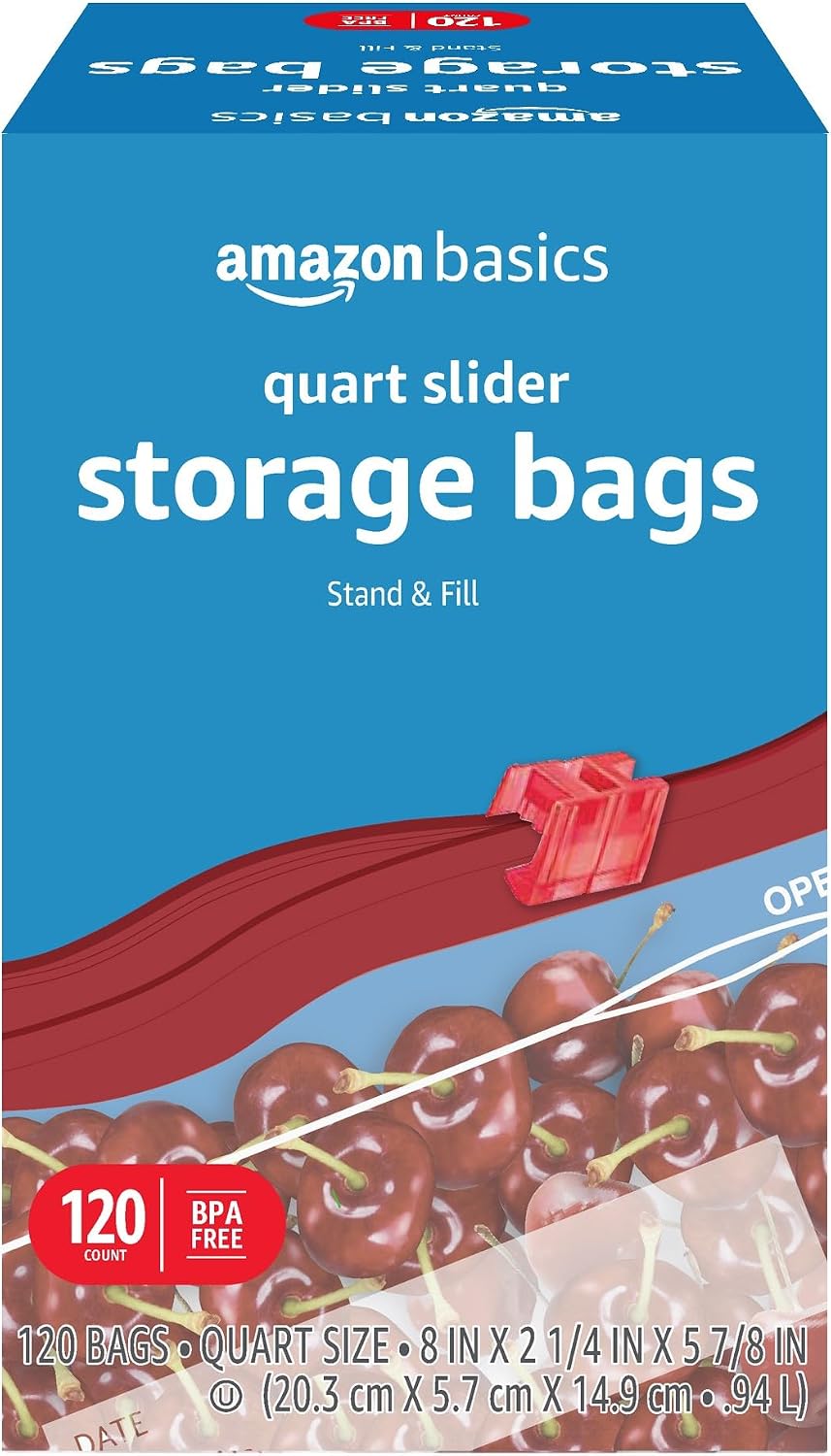Amazon Basics Slider Quart Food Storage Bags with Stand-Up Bottom, Easy to Fill, BPA Free, 120 Count (Previously Solimo)