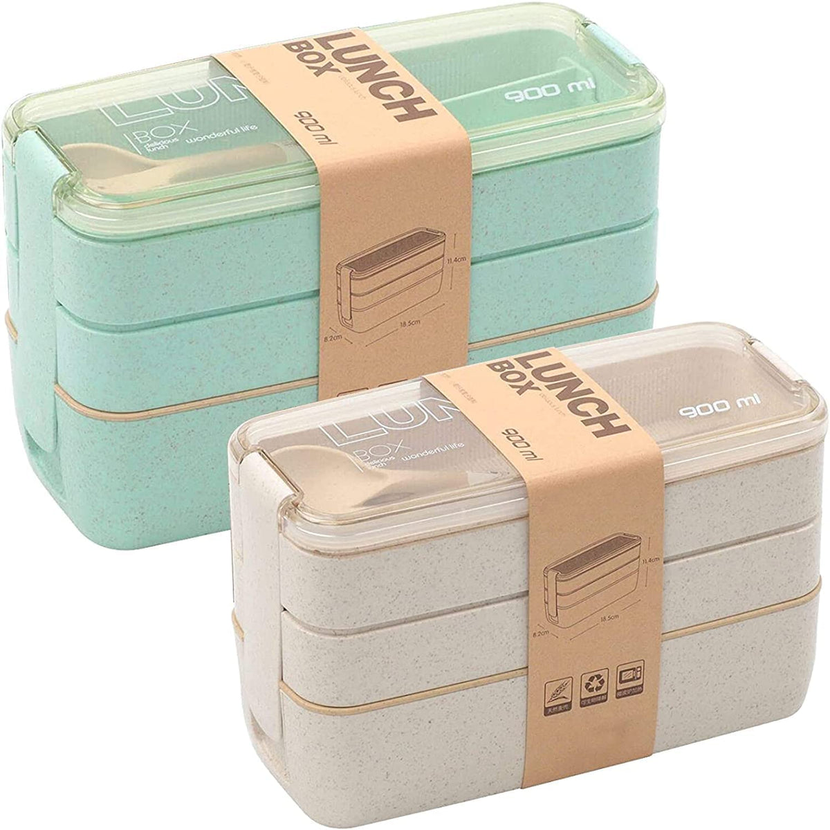 Rarapop 3 Pack Stackable Bento Box Adult Japanese Lunch Box Kit with Spoon & Fork, 3-In-1 Compartment Wheat Straw Meal Prep Containers (Green/Pink/Beige)