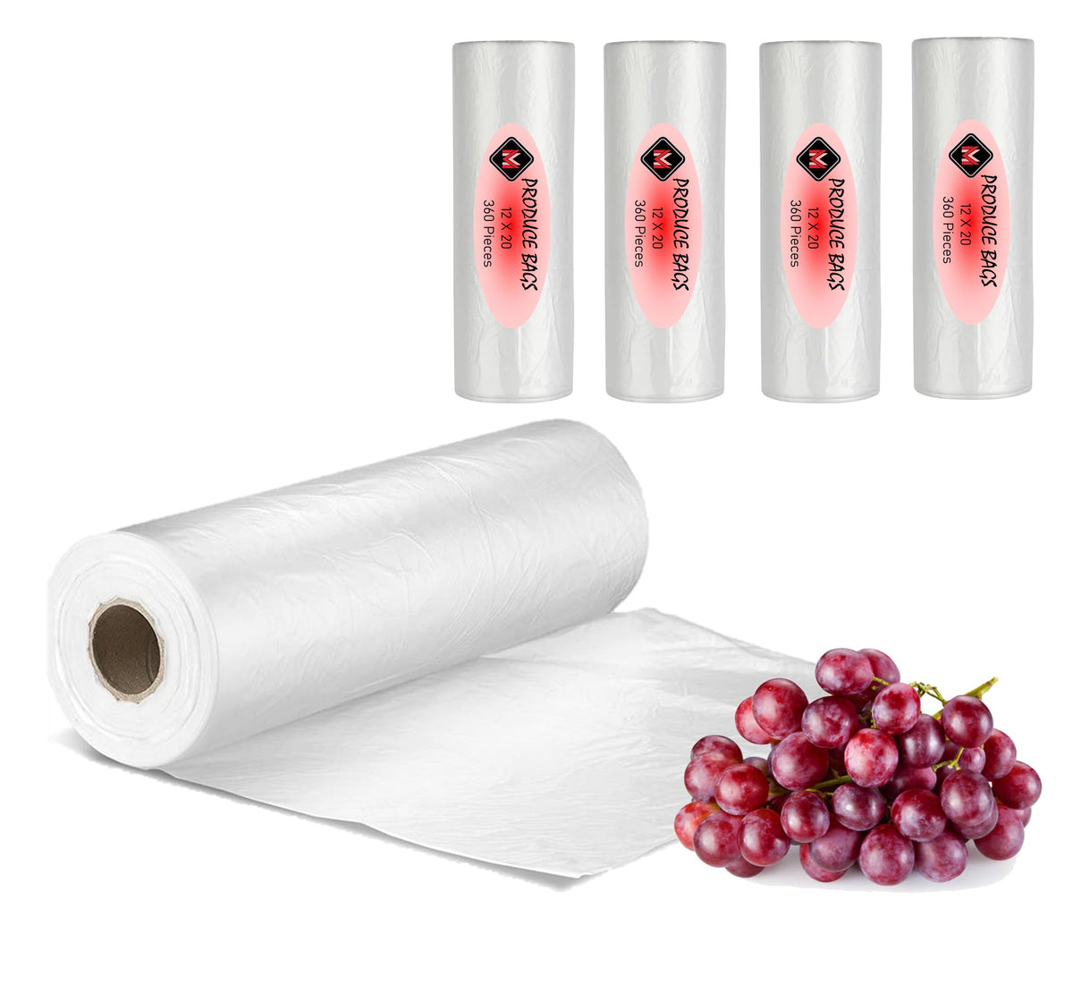 Mr Miracle Plastic Produce Bags for Food Storage - 12"x20" Clear Grocery Bag for Fruits, Vegetables, Bread - Easy Peel-Off Design, Continuous Roll, 1.75" Core, Pack of 1440 Bags [4 rolls]